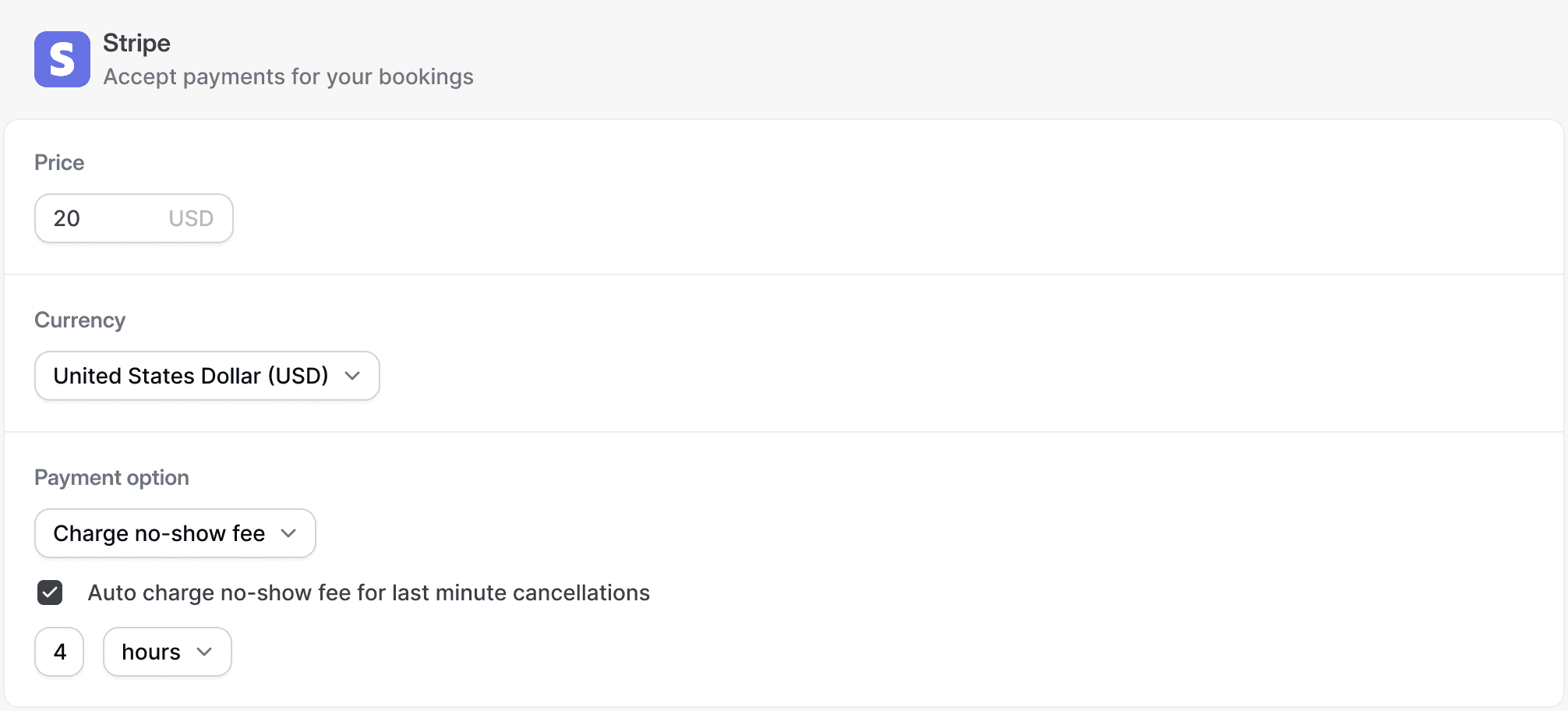 Cal.com Stripe app no-show fee settings