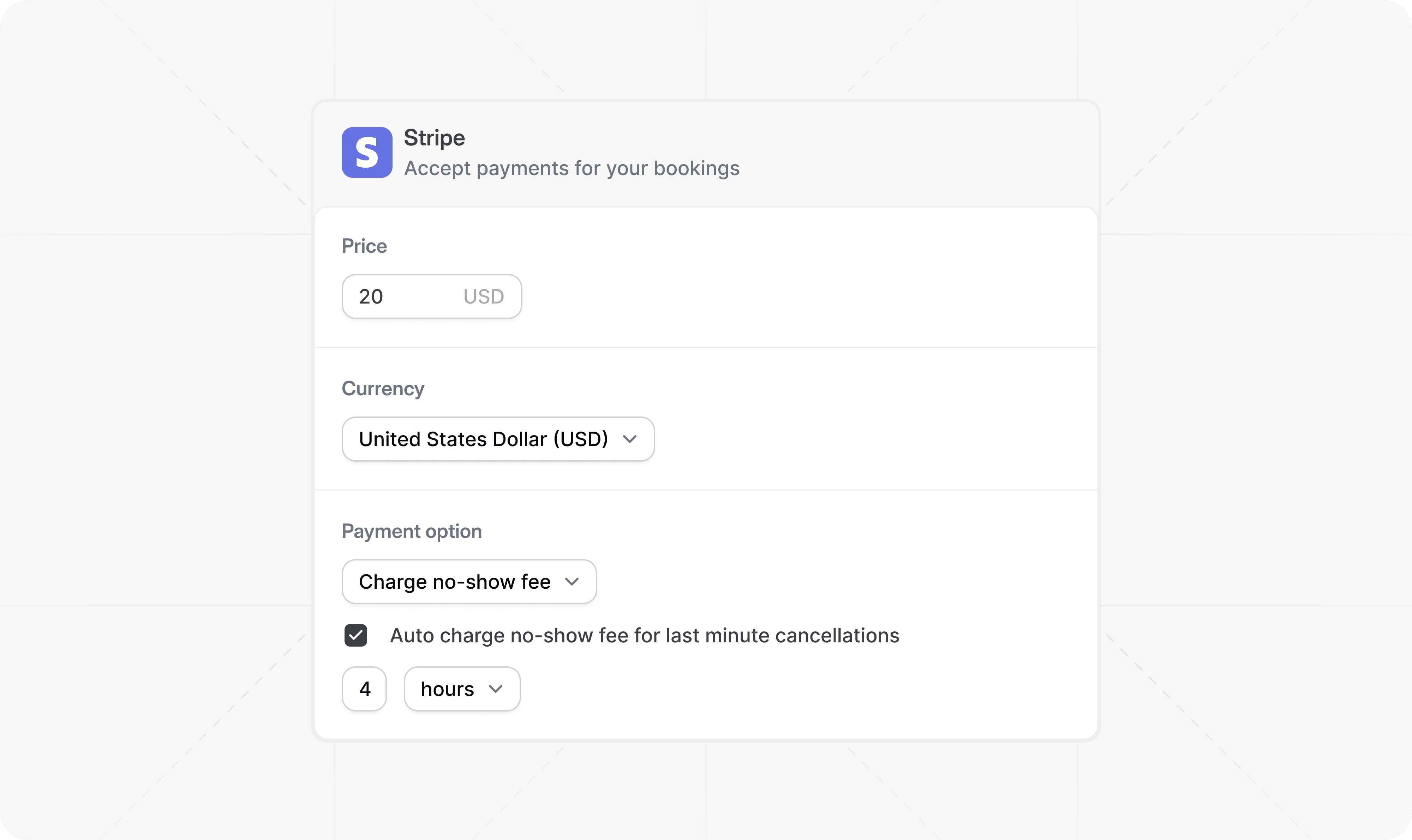 Stripe payment settings for a no-show cancellation fee