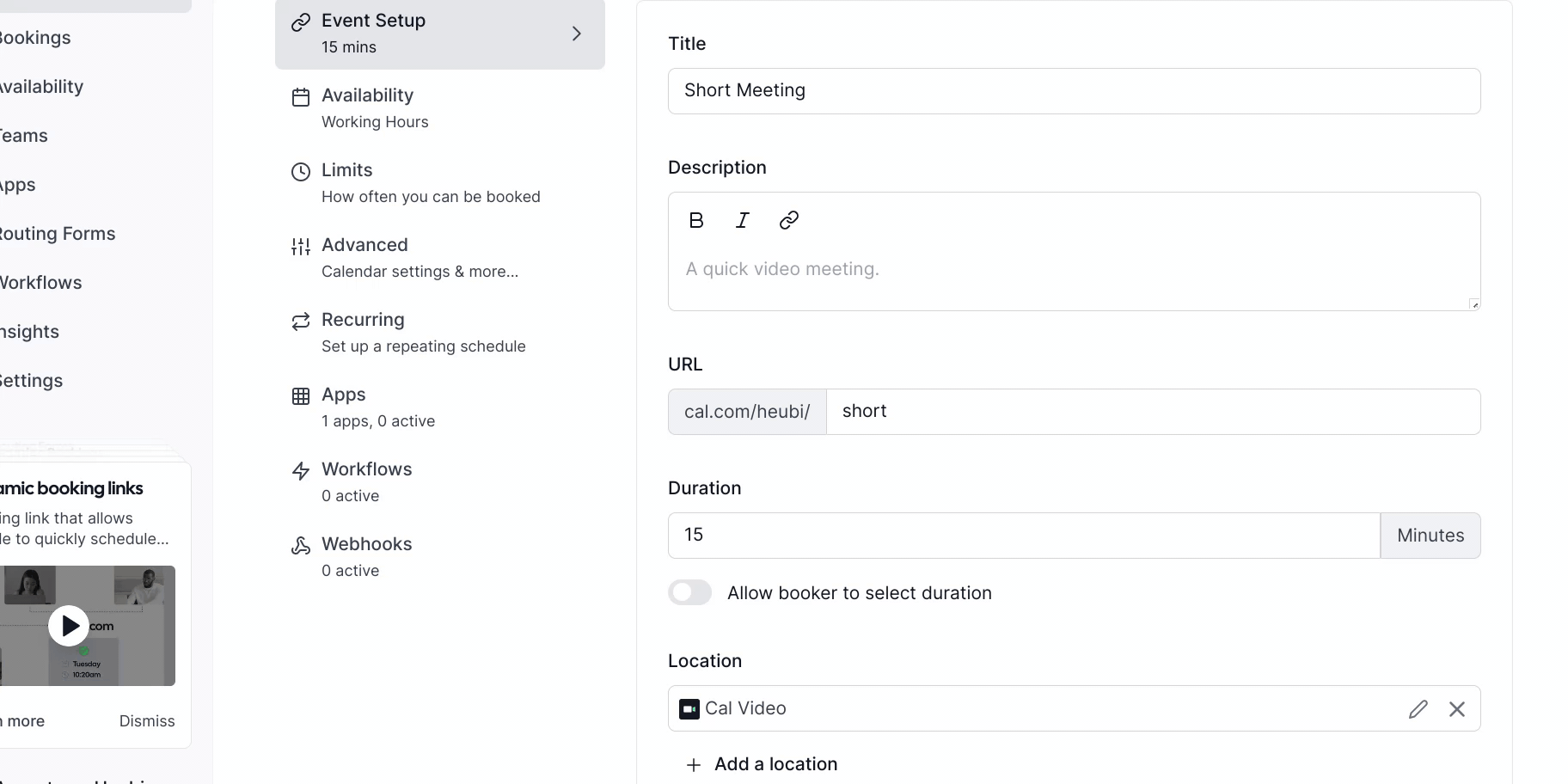 Cal.com event type setup page with location field