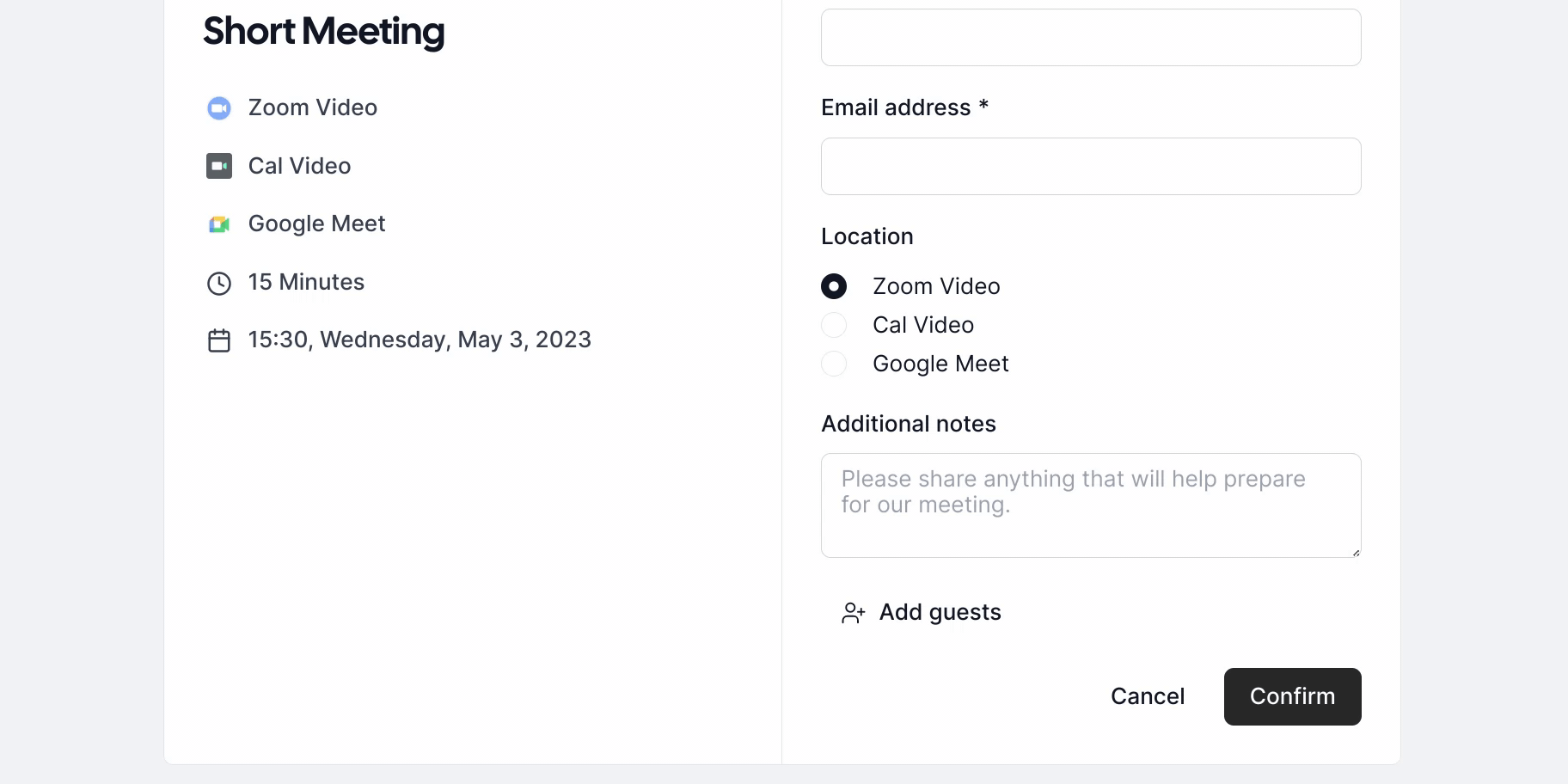 Screenshot of Cal.com booking form with multiple location options