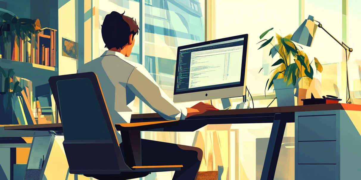 Illustration of a man working at a computer desk