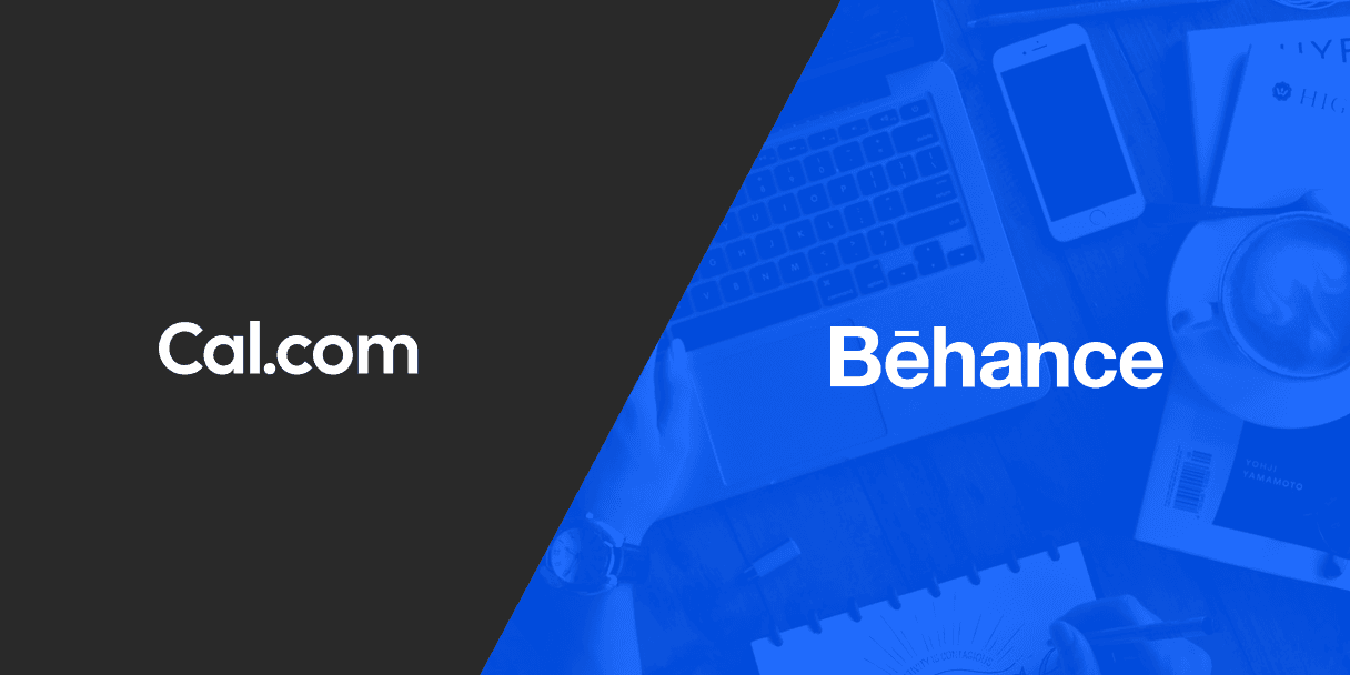 Cal.com and Behance logos split diagonally