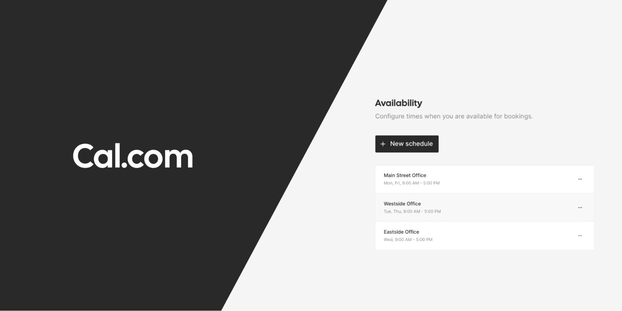 Cal.com availability schedule list with multiple offices