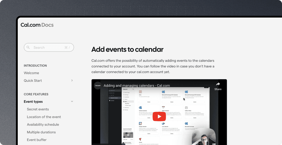 Cal.com Docs page about adding calendar events