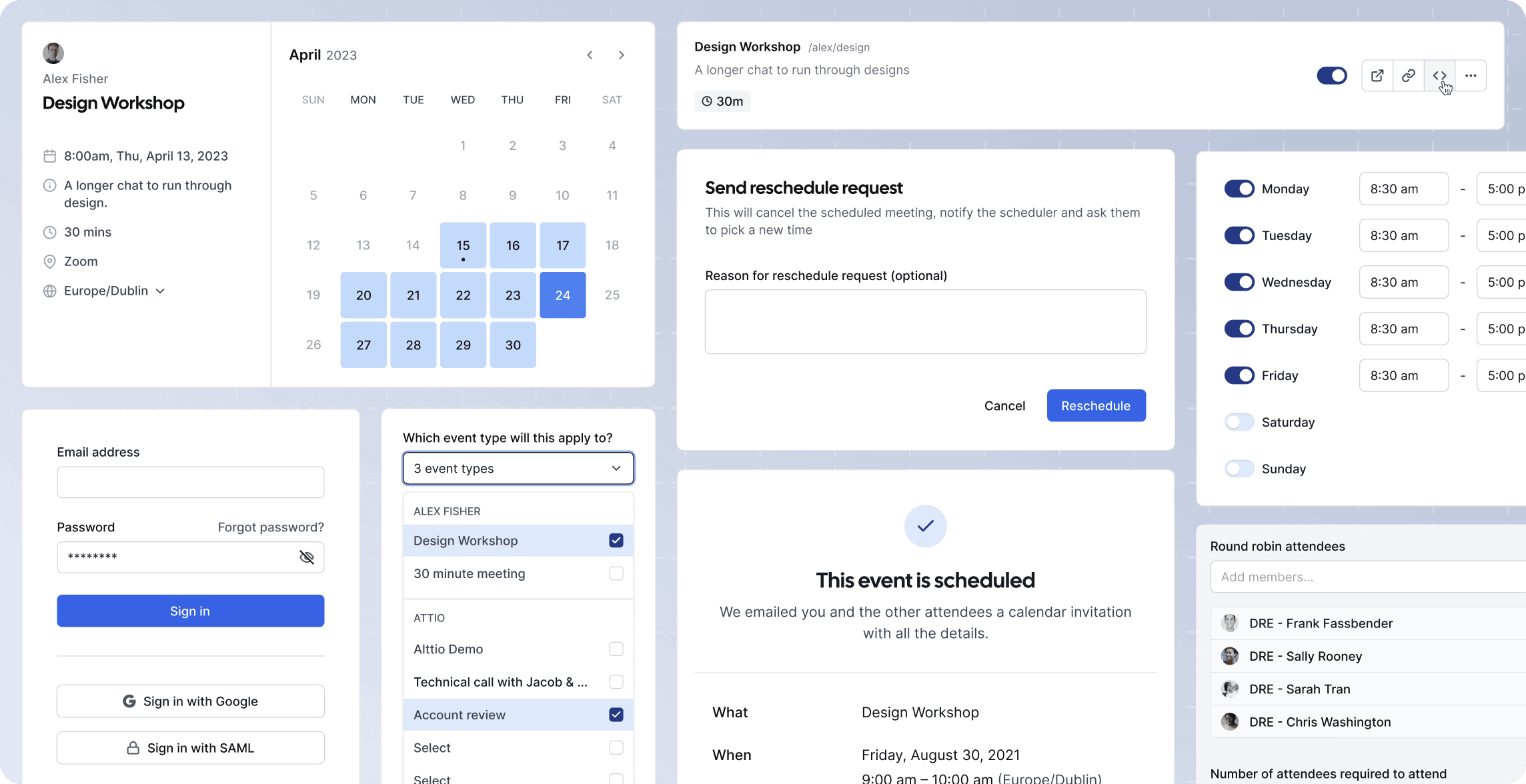 Collage of Cal.com booking and scheduling UI screens