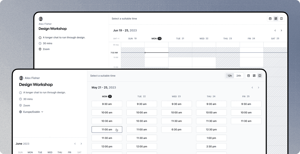 Cal.com scheduling page with overlapping time views