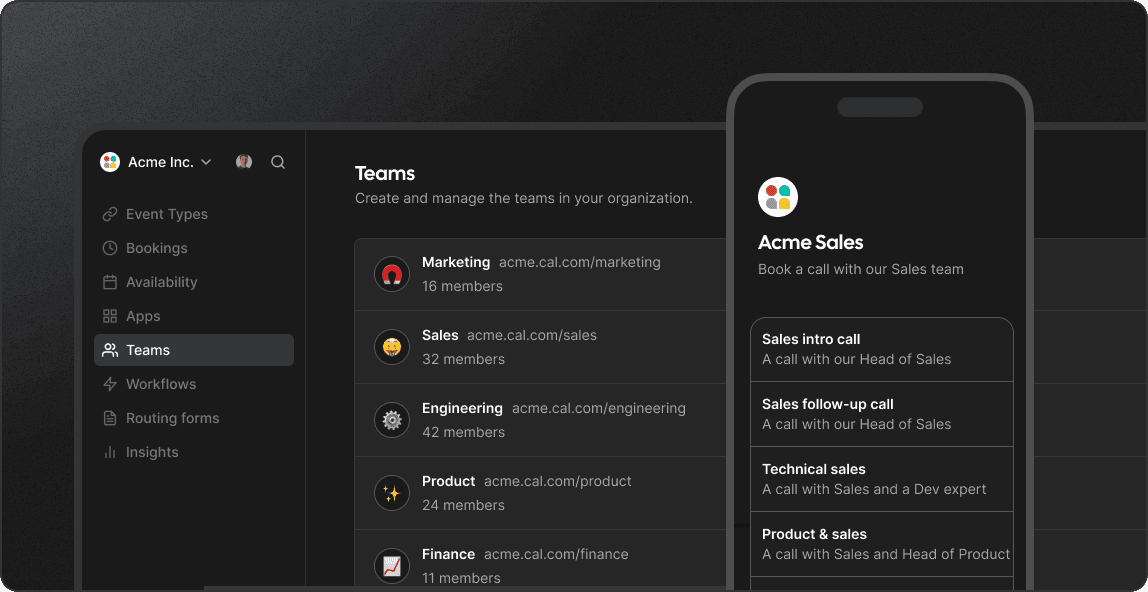 Cal.com teams dashboard with mobile booking preview