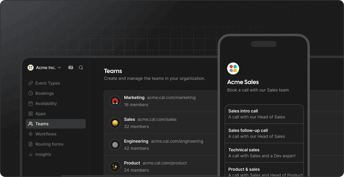 Cal.com teams list and mobile booking page mockup
