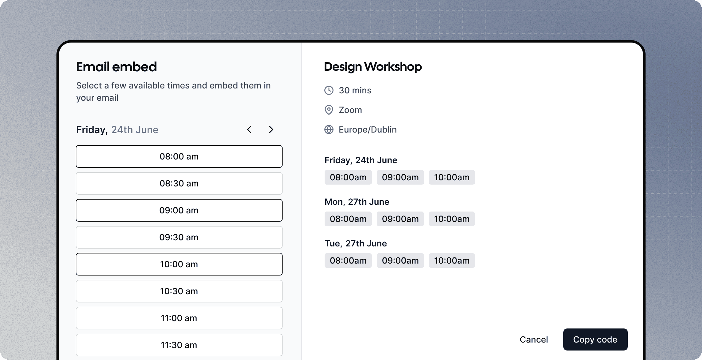 Cal.com email embed booking times screenshot