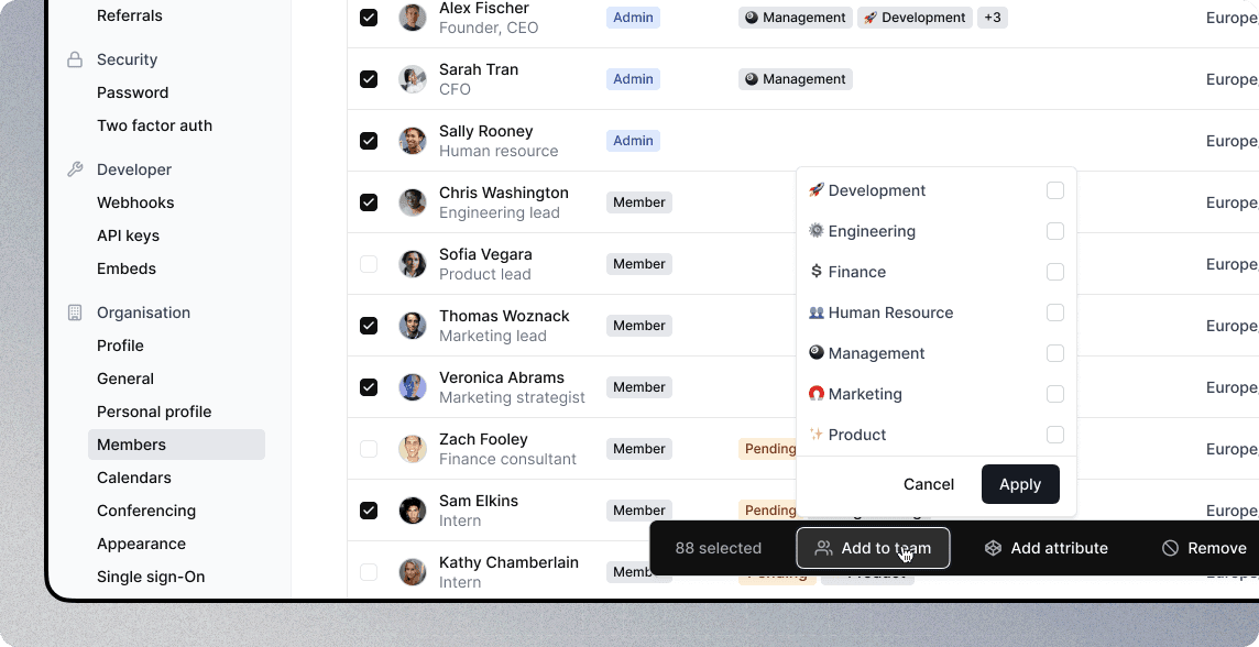 Cal.com organization members and team roles table