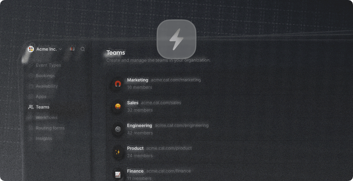 Cal.com teams list screenshot in dark mode