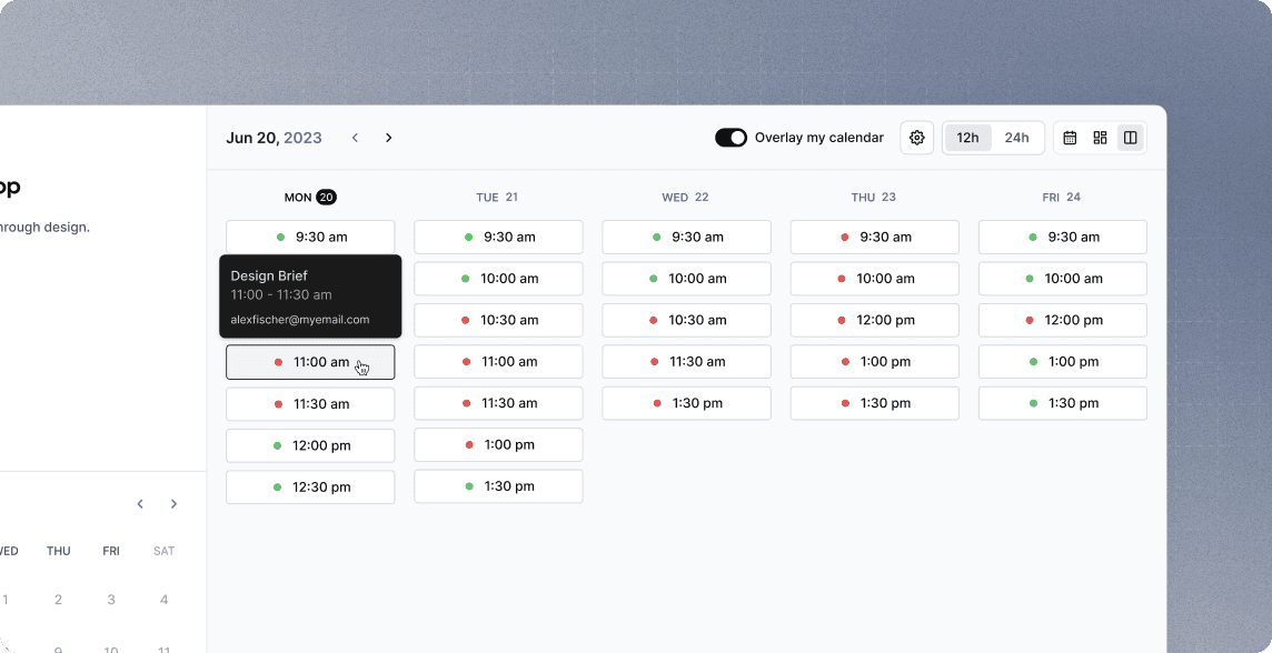 Weekly calendar view with color-coded availability slots