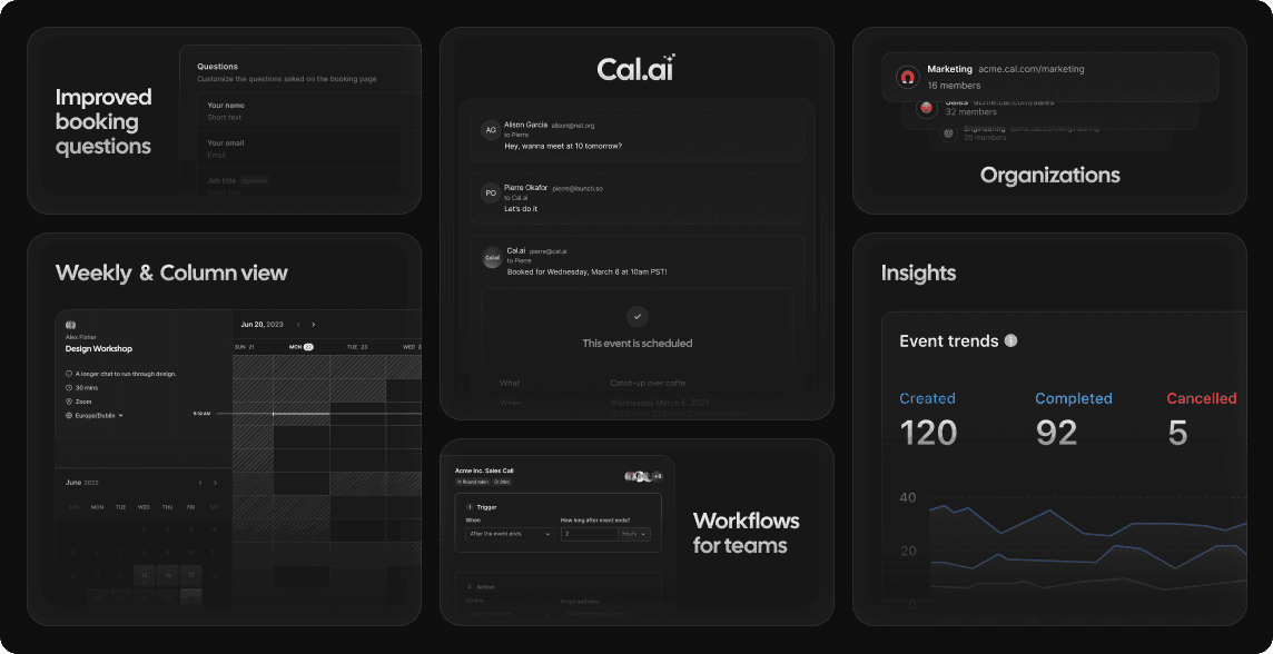 Grid of Cal.com feature screenshots