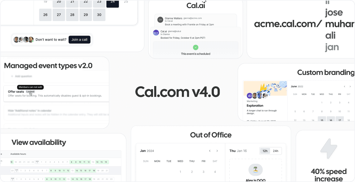 Grid of Cal.com v4.0 feature screenshots