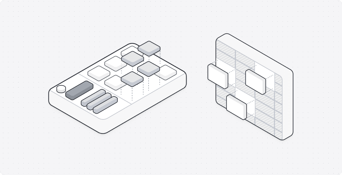 Isometric illustration of building blocks and a grid