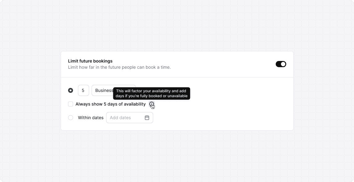 Cal.com limit future bookings settings screen