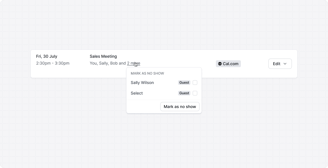 Cal.com mark as no-show booking screenshot