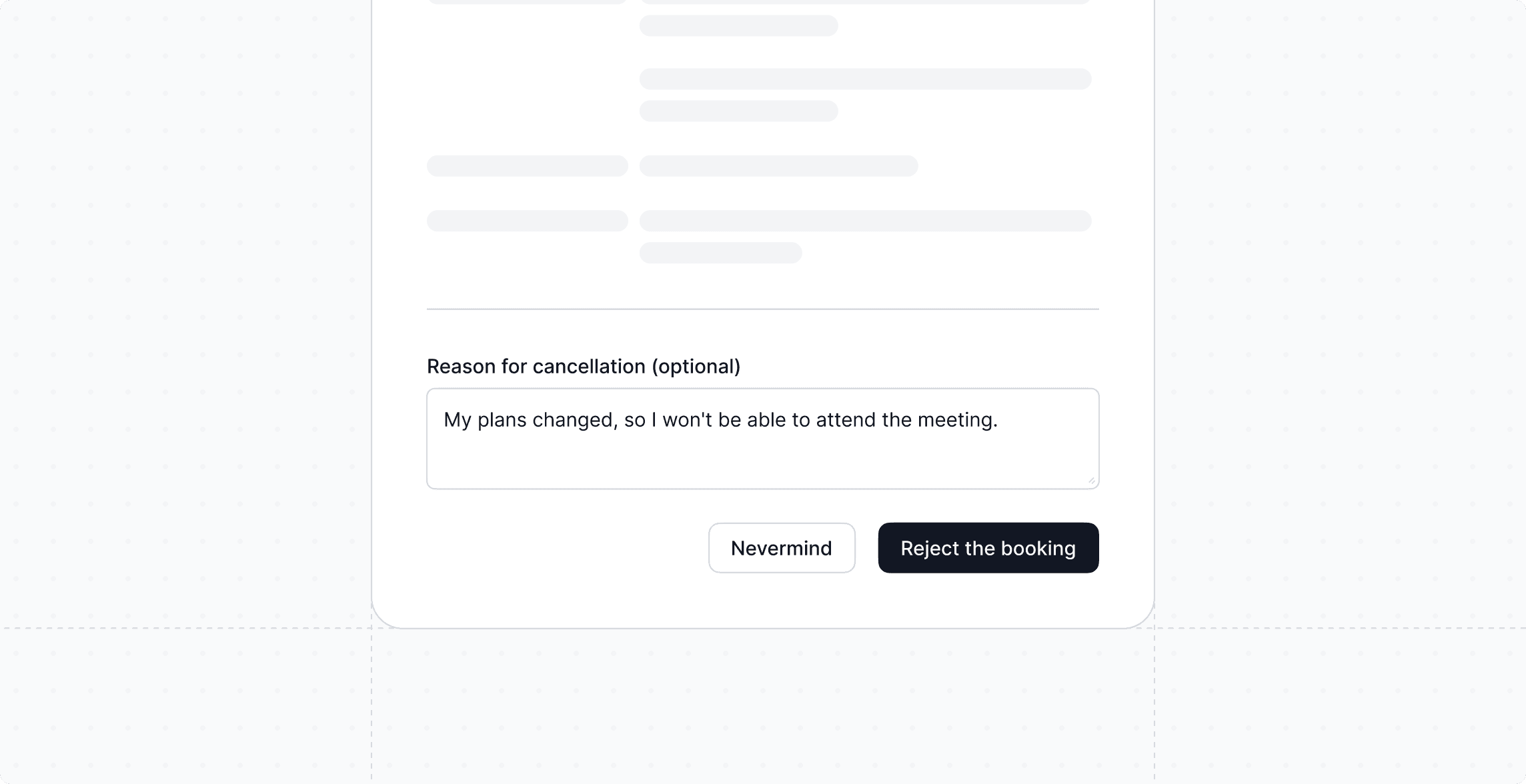 Cal.com reject booking cancellation reason form