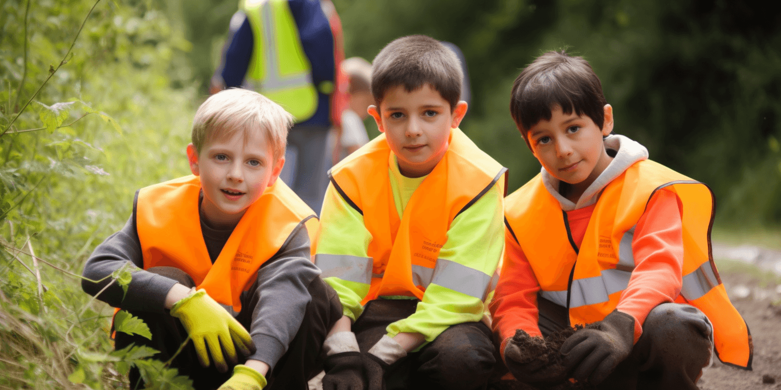 Three children volunteers in orange safety vests outdoors