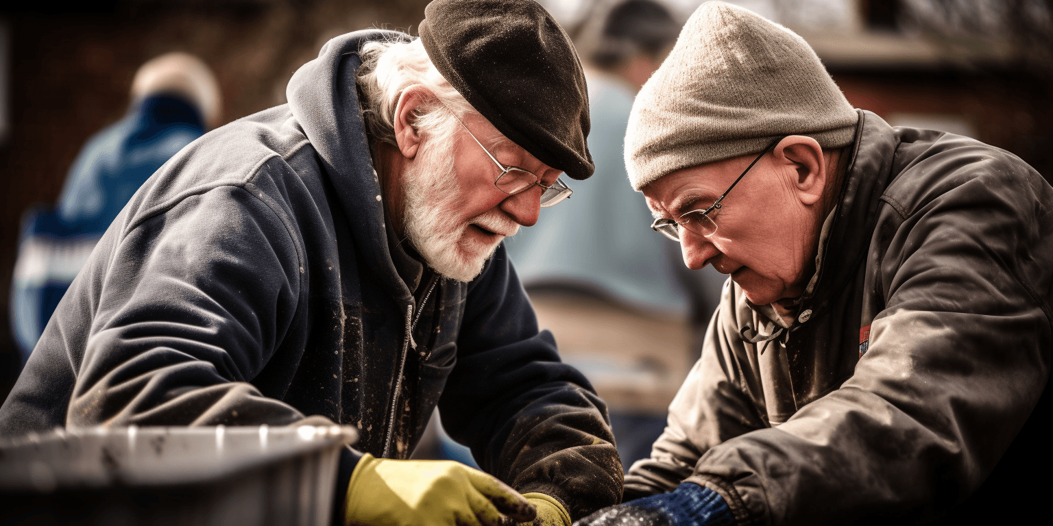Two elderly men volunteering together outdoors