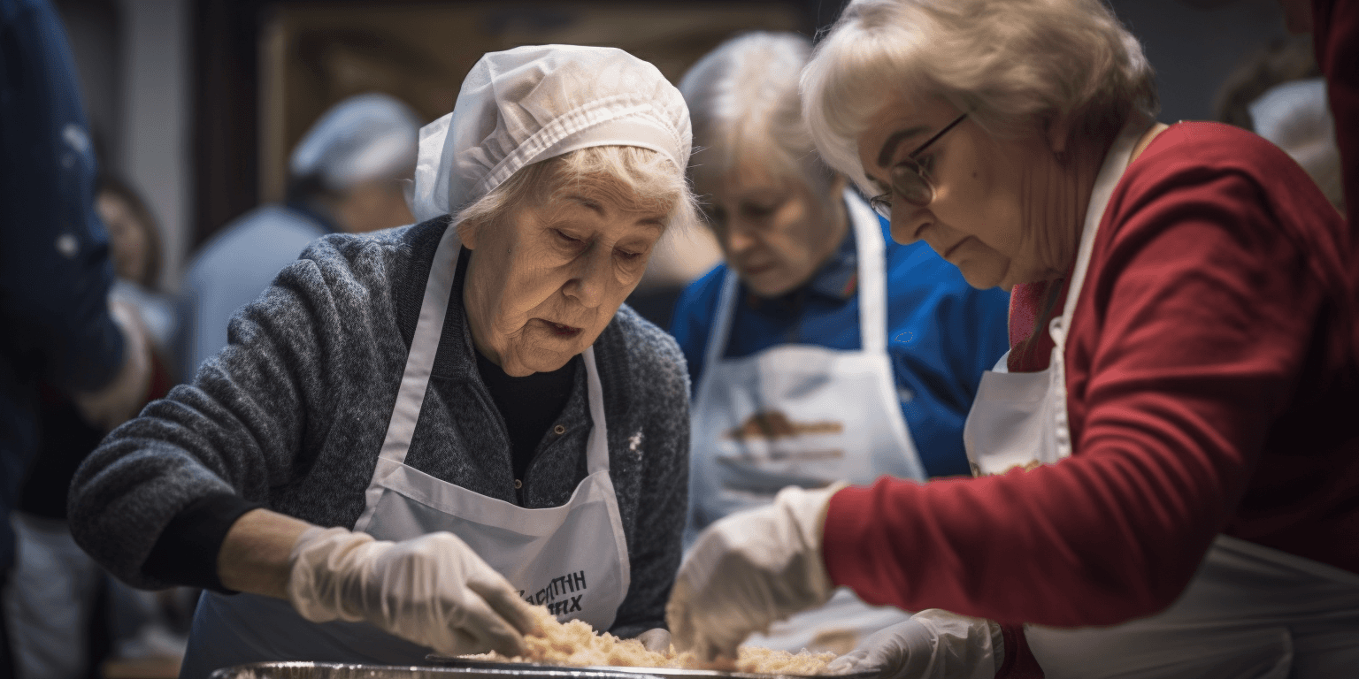 Volunteers preparing food together