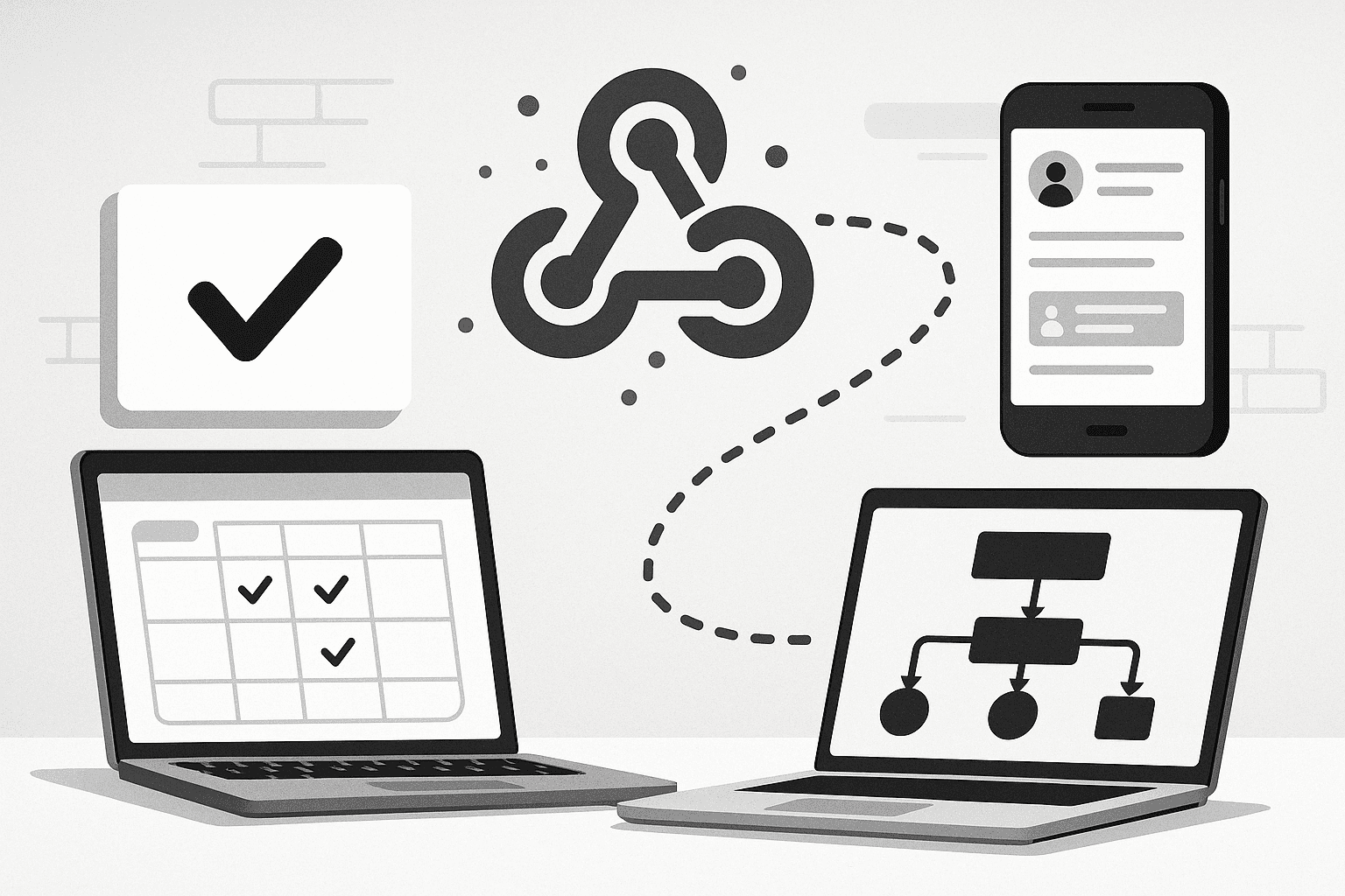 Illustration of a webhook icon linking laptops and a phone