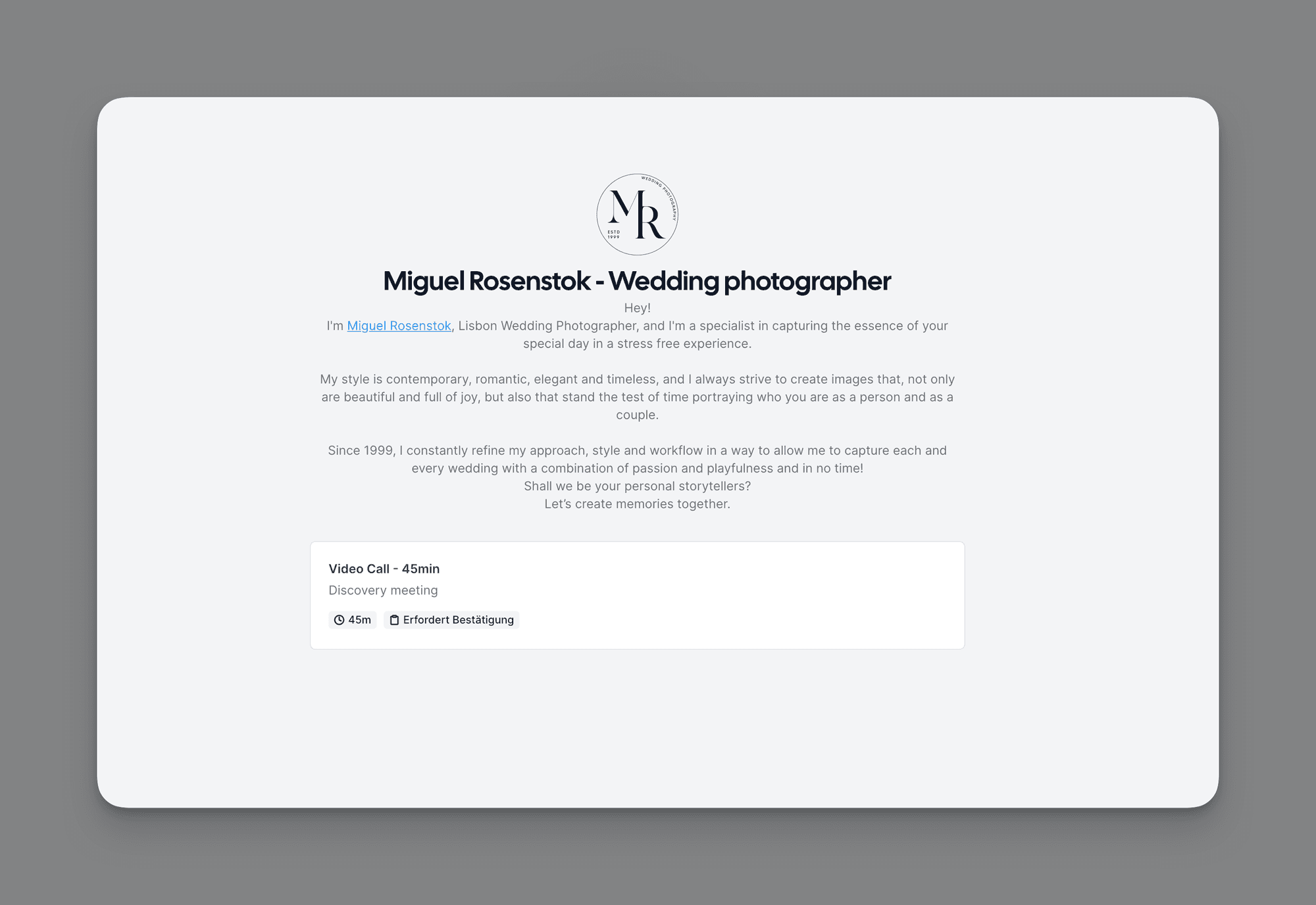 Cal.com booking page for a wedding photographer
