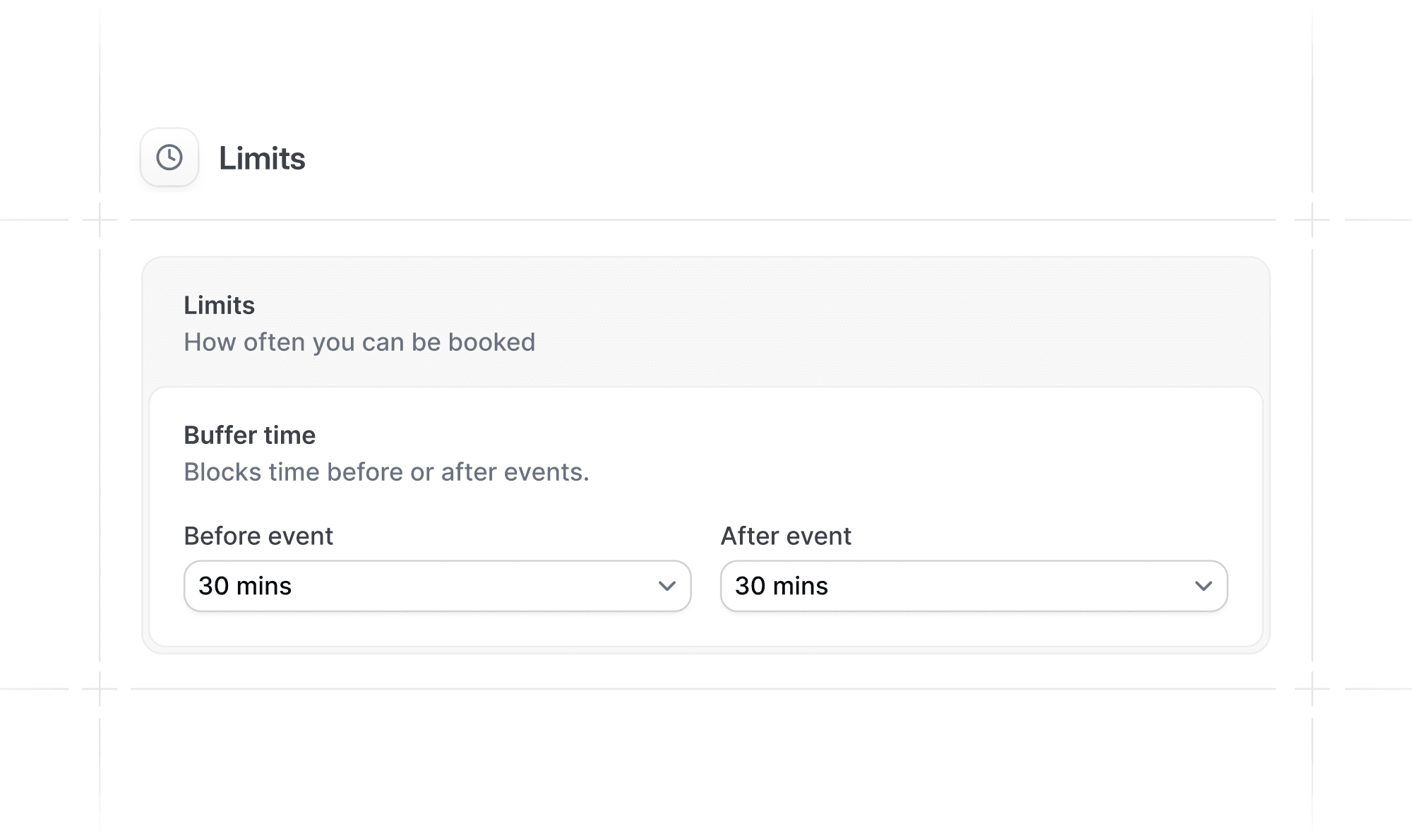 Cal.com buffer time limits settings panel