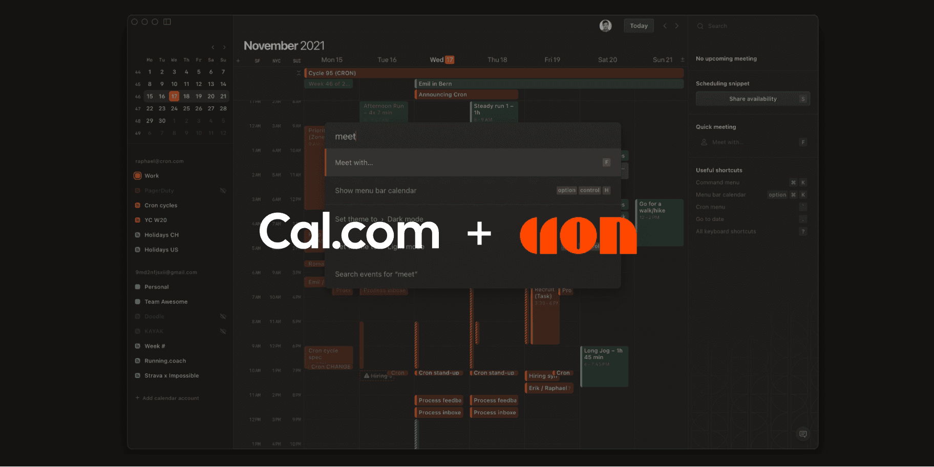 Cal.com and Aon logos over a dark calendar dashboard