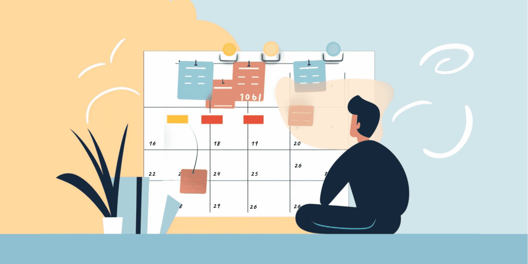 Illustration of person sitting before wall calendar