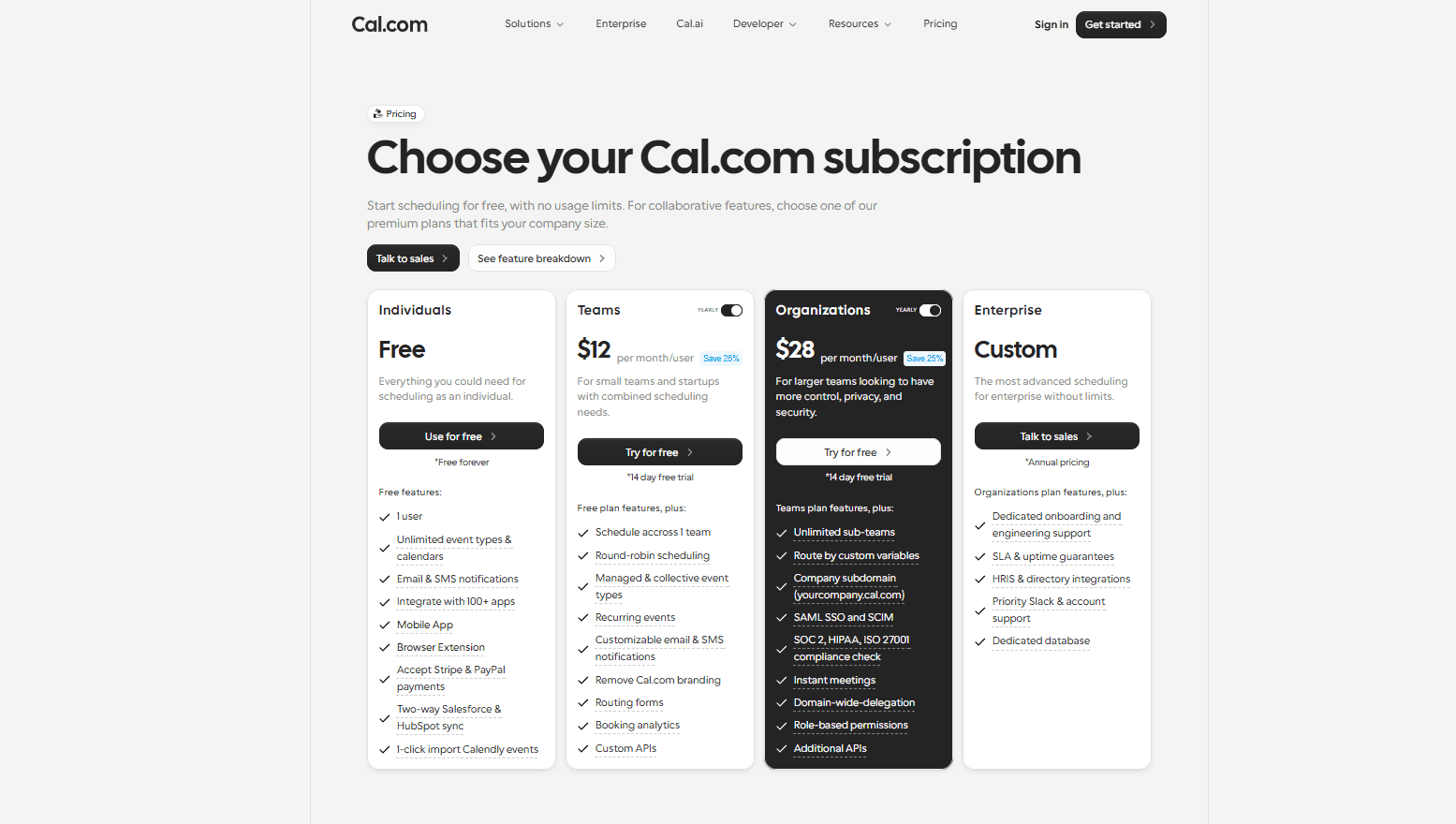 Cal.com pricing page with subscription plans