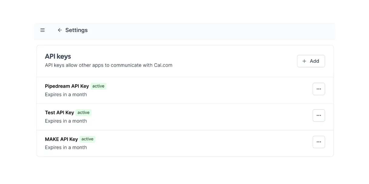 Screenshot of Cal.com API keys settings page