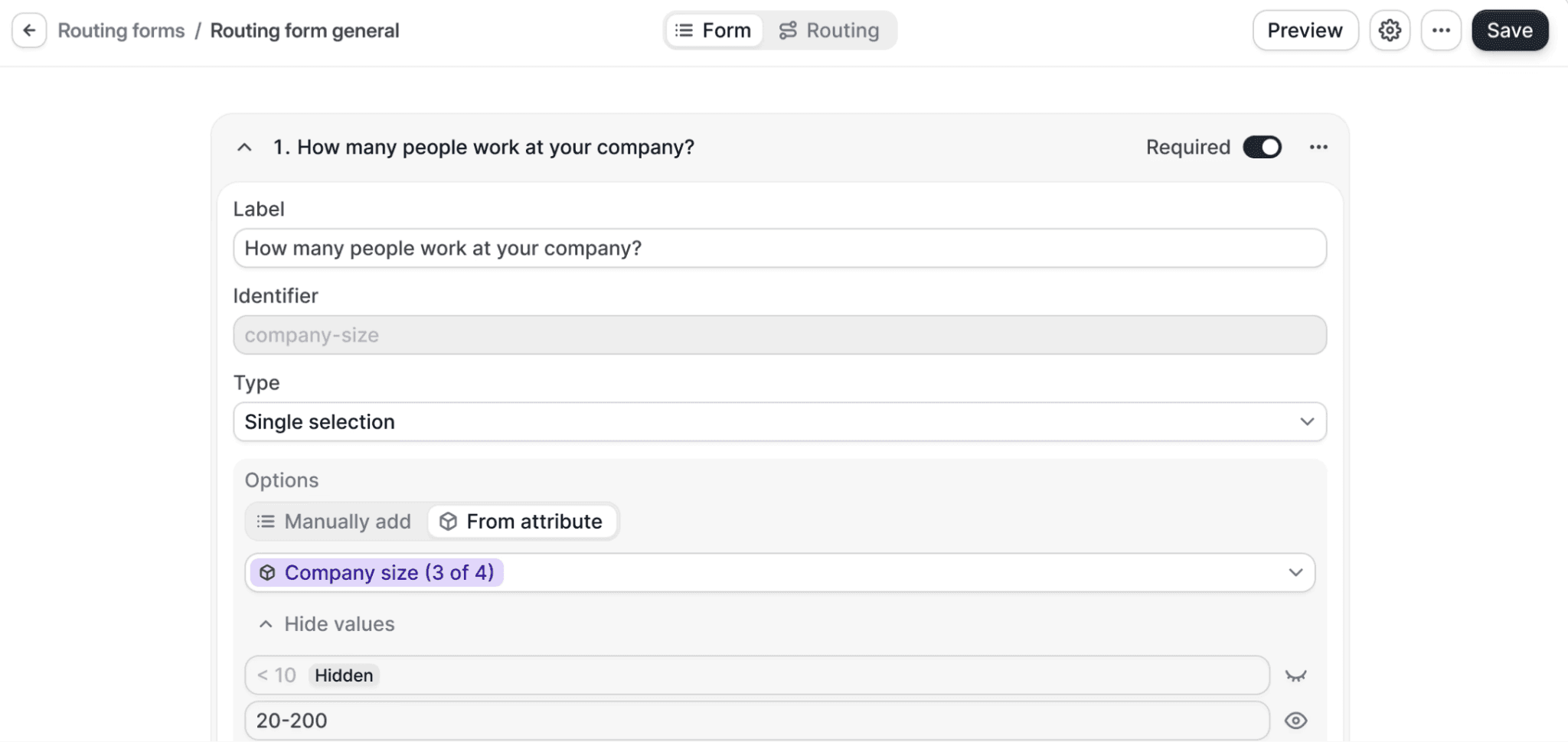 Screenshot of Cal.com's lead routing form qualifying prospects by company size