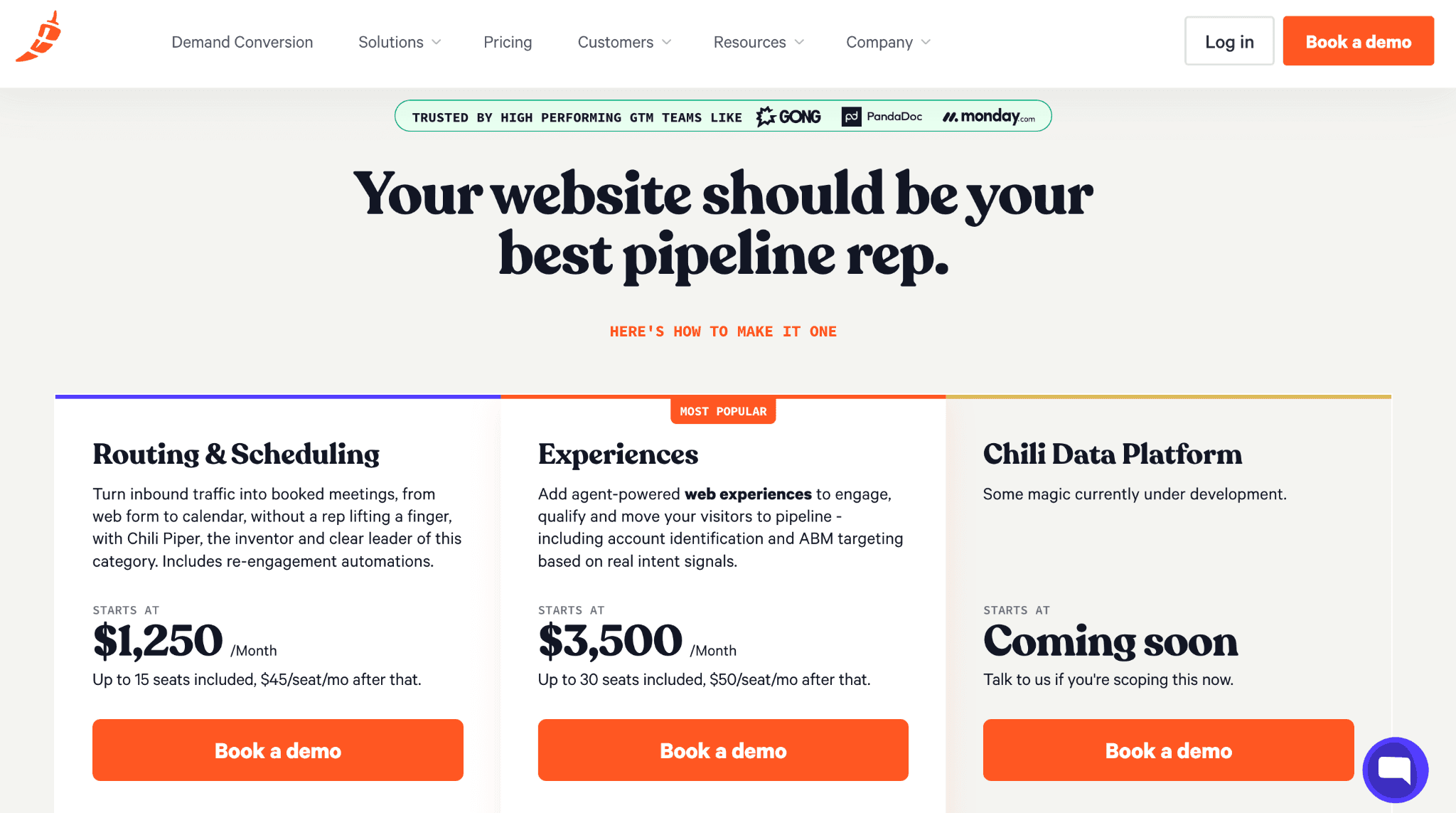 Screenshot of the Chili Piper pricing page