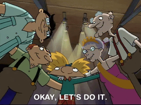 Hey Arnold cartoon characters huddled saying let's do it
