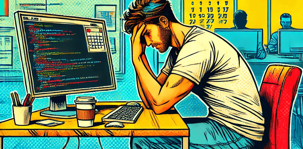Illustration of a stressed developer at a messy desk