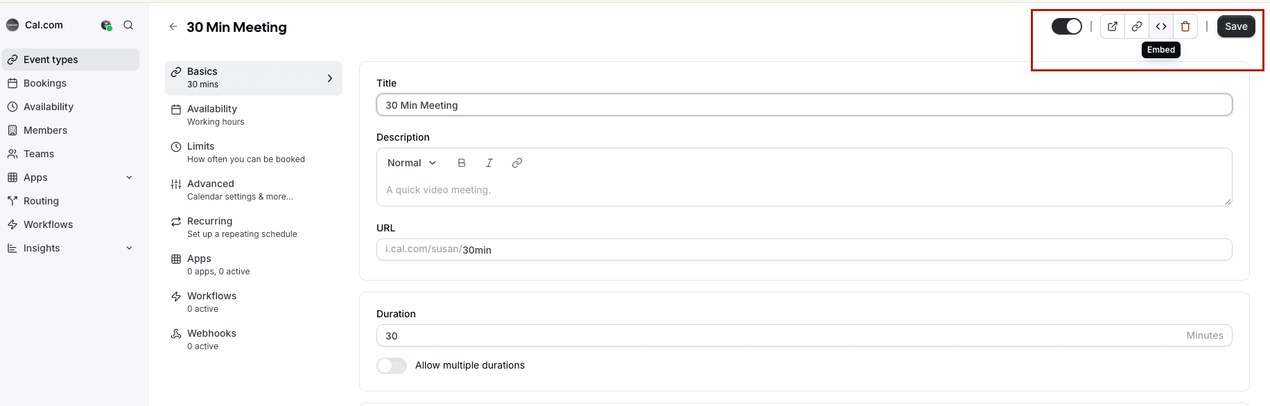 Cal.com event type basics settings screen
