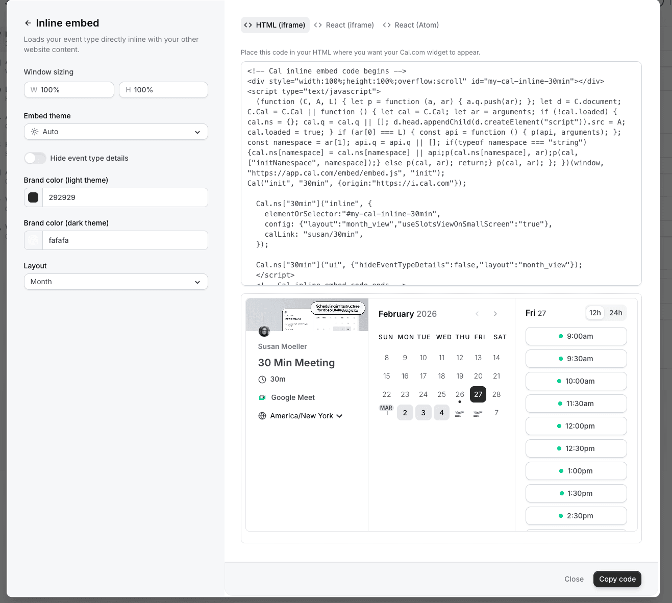Cal.com inline embed code generator screen