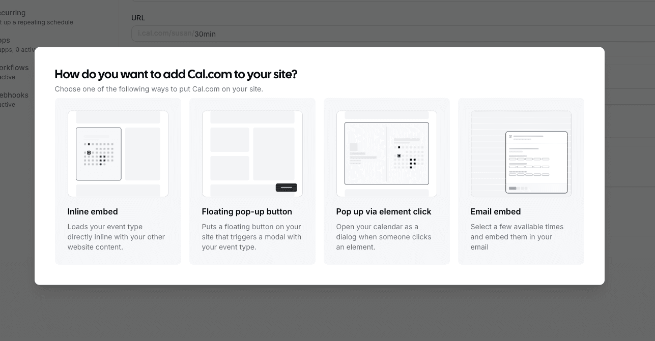 Cal.com embed options dialog including email embed