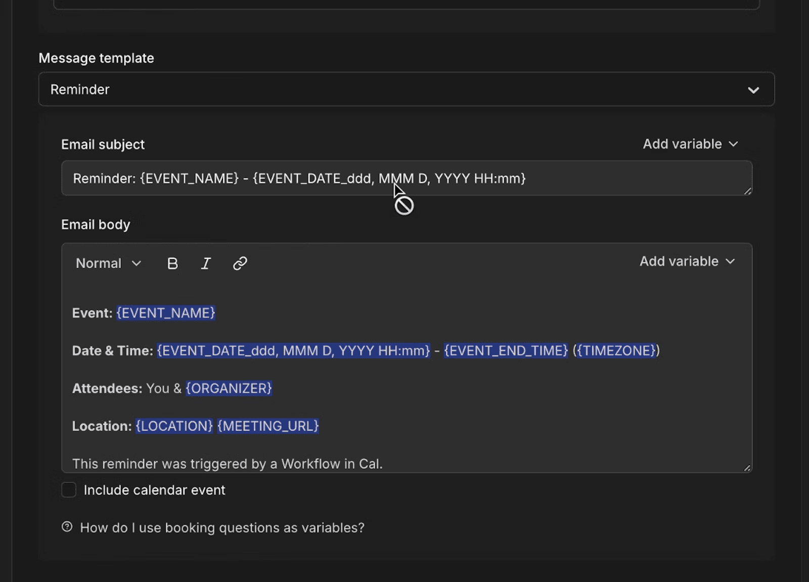 Screenshot of Cal.com workflow reminder email editor