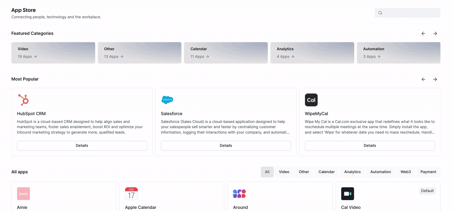 Cal.com App Store listing of integrations