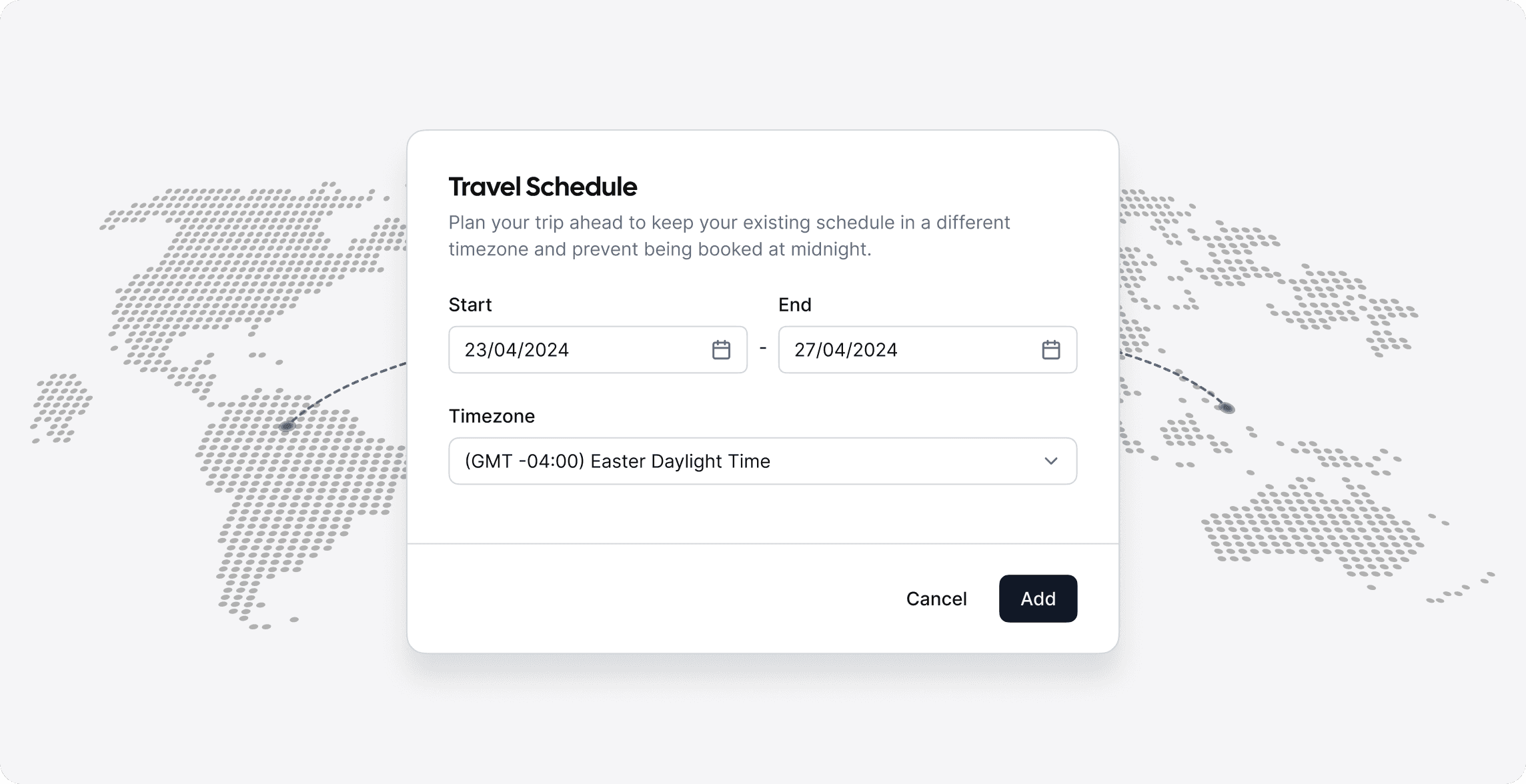 Cal.com travel schedule timezone dialog