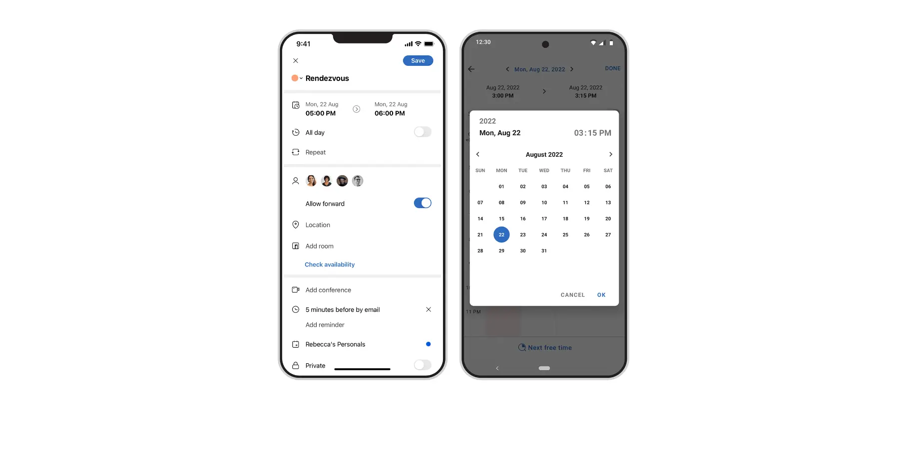 Phone screens showing calendar event and date picker